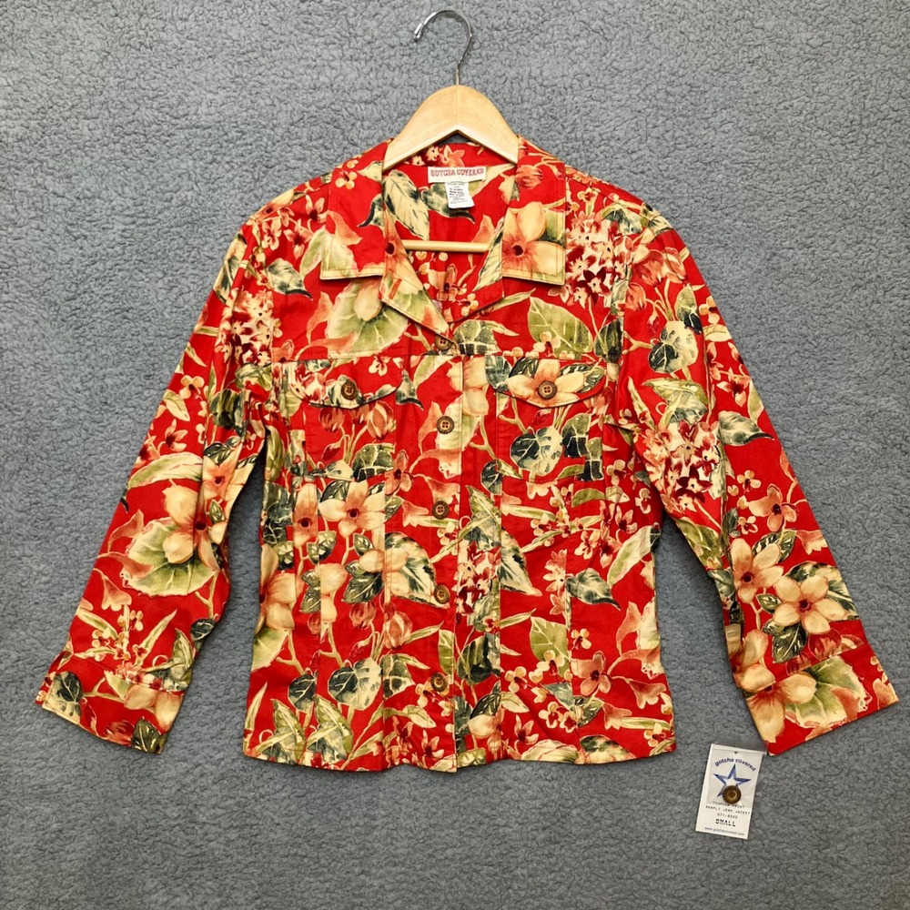 NWT VTG‎ Gotcha Covered Jean Jacket Women S Tropical Floral Shaply Red USA Made